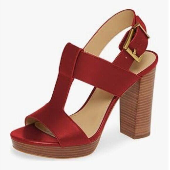 YDN Red T-Strap Stacked Chunky High Heel Ankle Strap Platform Open Toe Sandals - Picture 1 of 8